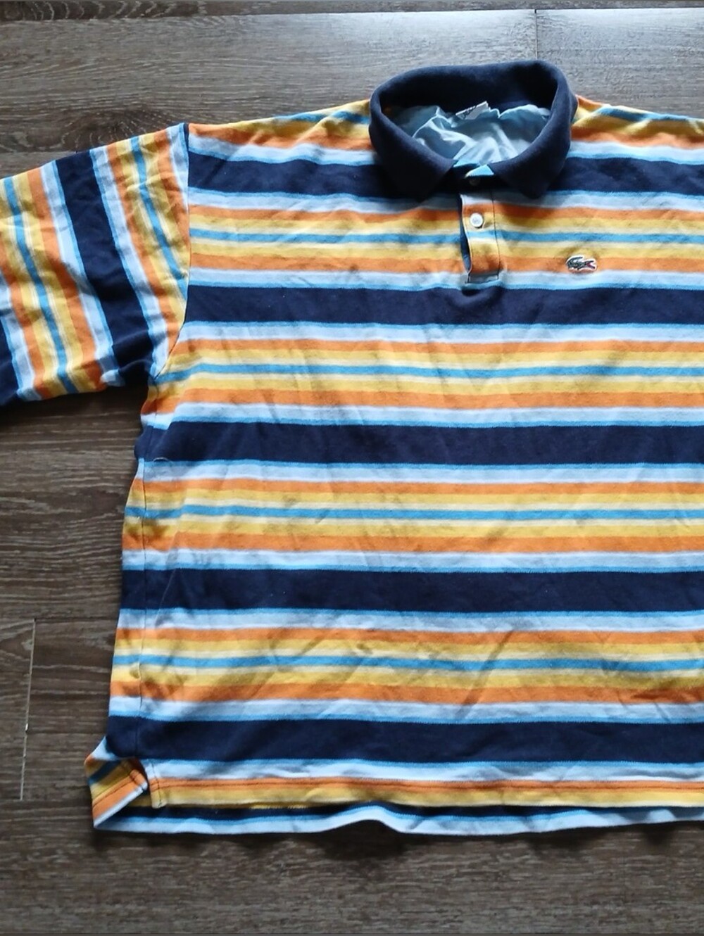 Lacoste Polo with Navy Collar & Multicolor Stripes Sz 4x Possibly Vintage